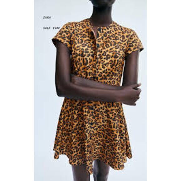 Zara Leopard Print 100% Cotton A-Line Mini Dress Button Front Size Small - Picture 1 of 6